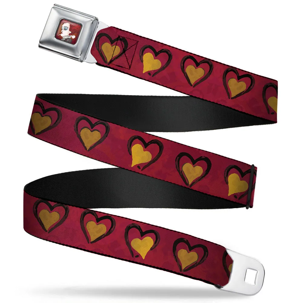 Alice in Wonderland Queen Face Full Color Red Seatbelt Belt - Alice in Wonderland Queen's Hearts Reds/Black/Gold Webbing