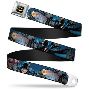 Batman Full Color Black Yellow Seatbelt Belt - Batman 2-Action Poses/Bat Signal Spotlight/Skyline Webbing