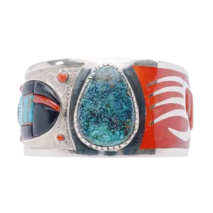 Corn Maiden & Badger Cuff with Spiderweb Kingman Turquoise, Coral, & Jet | Michael Perry