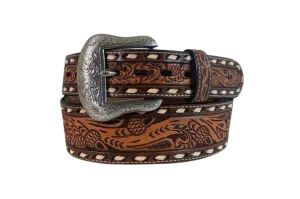 Gem Dandy Men's Floral Hand Tooled Brown Roper Belt