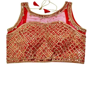 Mirror and Stonework Saree Blouse - Red