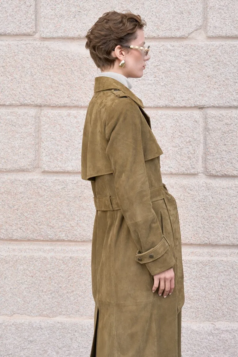 Nia Women’s Suede Trench Coat - Khaki